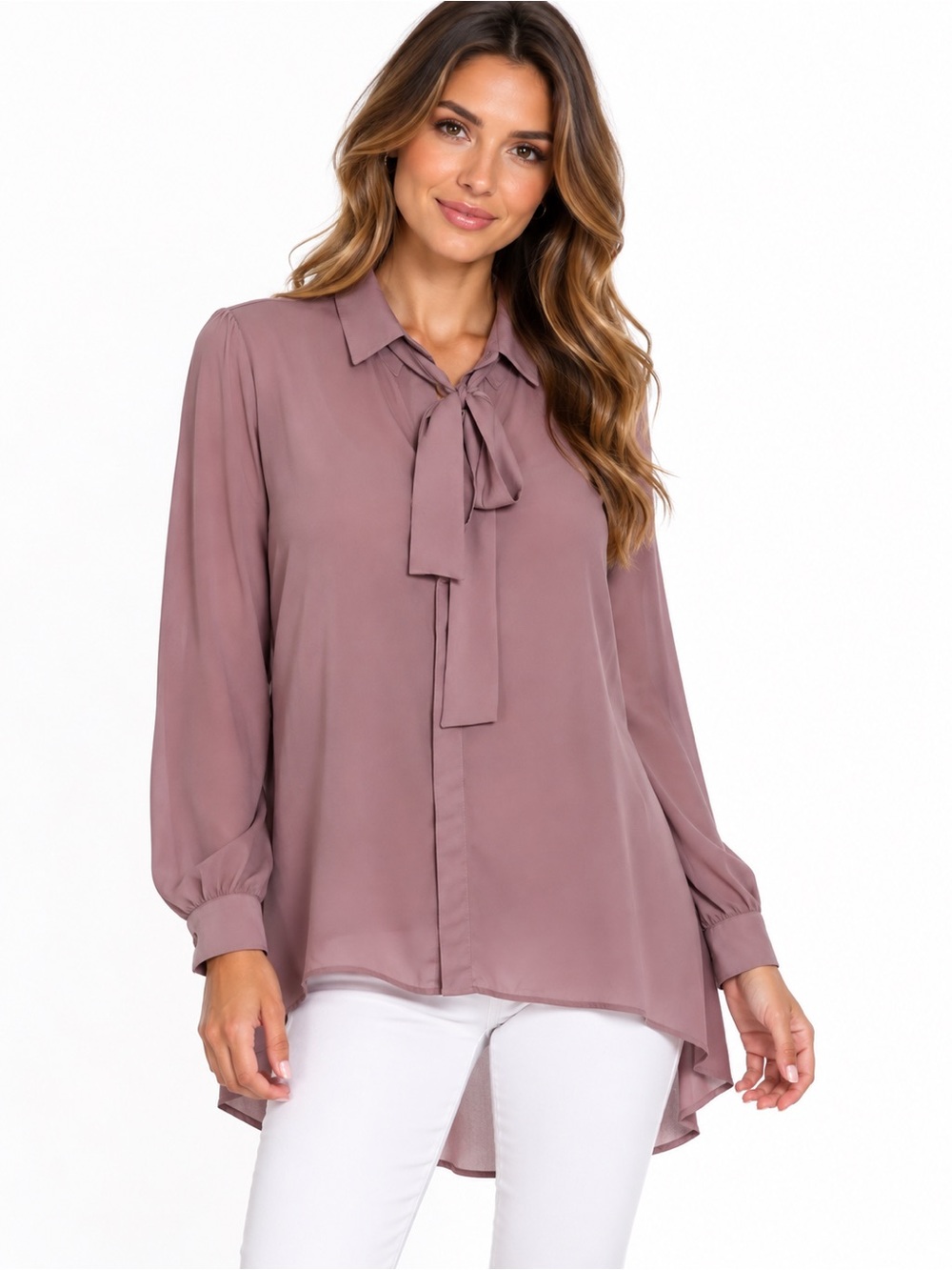 HYFVE Dusty Nude Mauve Tie Neck High Low Blouse Tunic Size L